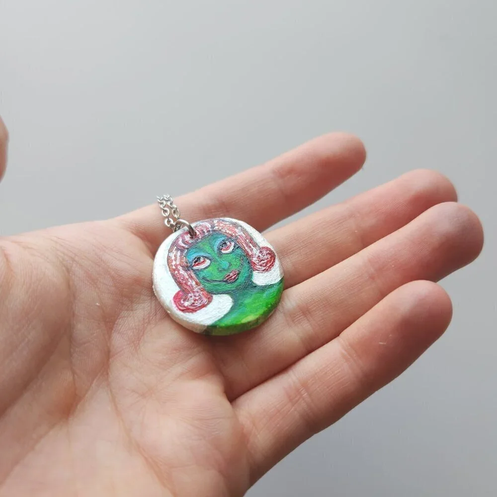 Unique colourful green witch pendant on a dainty silver chain - Picture 4 of 13
